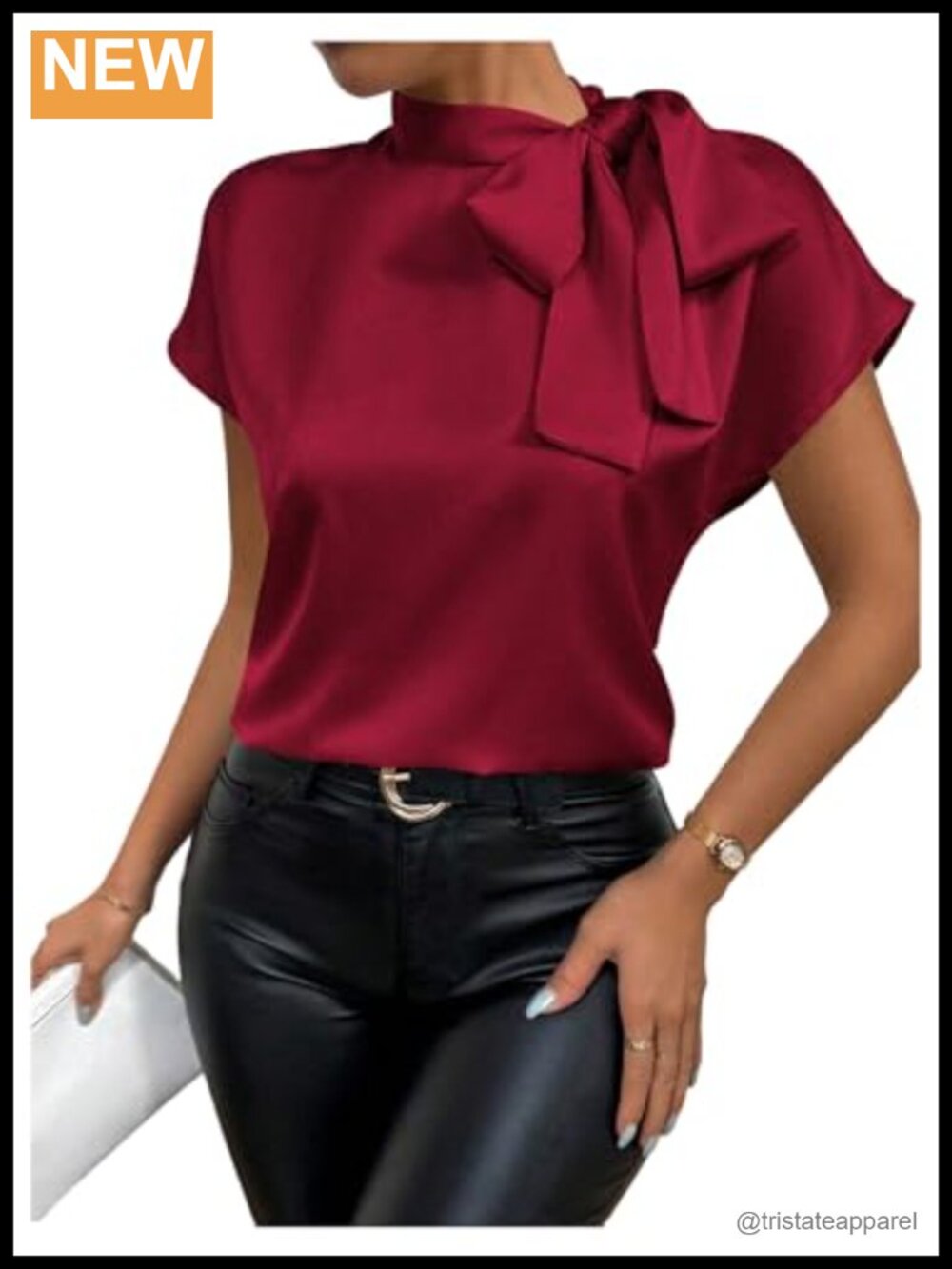 Satin Bow Tie Mock Neck Blouse Women's Dressy Elegant Short Sleeve Top